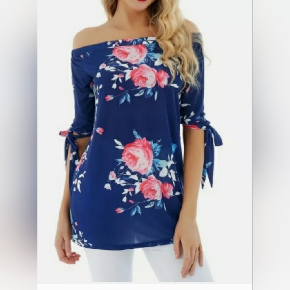 Cold shoulder, navy and pink floral blouse with 3/4 tied bow sleeves, New